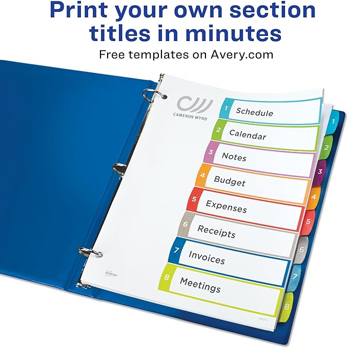 Avery Dividers for 3 Ring Binders, 8 Tabs per Set, Customizable Table of Contents, Multicolor Arched Tabs, Great for Organizing Reports, Projects, and More (11841)