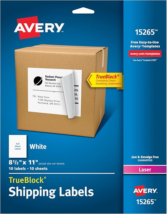 Avery Full Sheet Printable Shipping Labels, 8.5" x 11", White, 10 Blank Mailing Labels (15265)