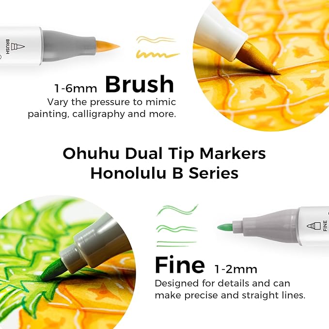 Ohuhu Alcohol Markers Brush Tip, AP Certificated 24 Basic Colors Double Tipped Alcohol Based Art Marker Set for Artist Sketching Adult Coloring Illustration - Brush and Fine Dual Tips - Honolulu B
