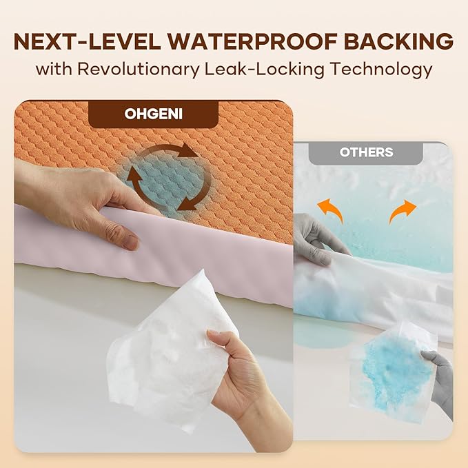 OhGeni 100% Waterproof Mattress Protector,Queen Size Mattress Soft Pad,Hair & Bedwetting Resistant,Cooling Breathable Fitted Sheets,Washable Bed Cover,Non-Slip Deep Pocket,Noiseless for Bedroom,Orange