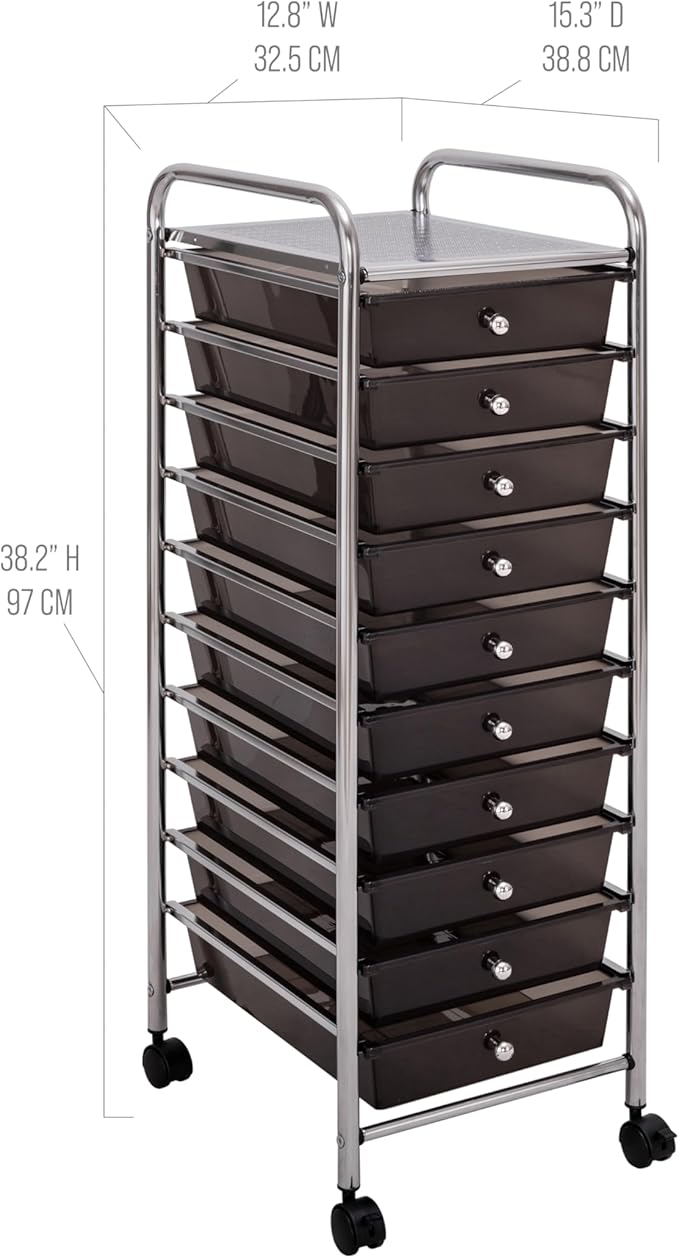 Seville Classics Rolling Utility Organizer Storage Cart, for Home Office, School, Classroom, Scrapbook, Hobby, Craft, 10 Drawer, Black