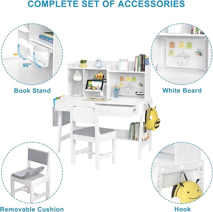 GDLF Kids Study Desk and Chair Set, Adjustable Children Study Table with Chair, Kids Wooden Desk with Hutch, Drawers, Book Stand, Whiteboard and Fabric Storage Bag for 5-12 Years Old
