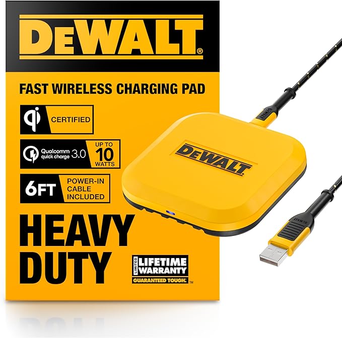 DEWALT Heavy Duty Wireless Charger, 10W Max Fast Wireless Charging Pad Compatible with iPhone 17/16/15/14/13/12/11/X/8 Pro Max Plus Samsung Galaxy S22/S21 AirPods (Type C Cable/AC Adapter Included)