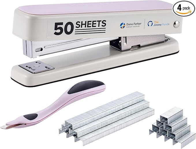 Bostitch Titan Heavy Duty Metal Stapler, 50 Sheet Capacity with 1250 Staples and Ergonomic Staple Remover, Jam Free Stapling, Full Strip Stapler for Desk, Office and Classroom, Pink & White
