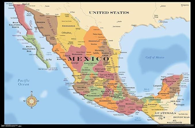 Map - Mexico Wall Poster, 19L" x 13W", Premium Unframed Version