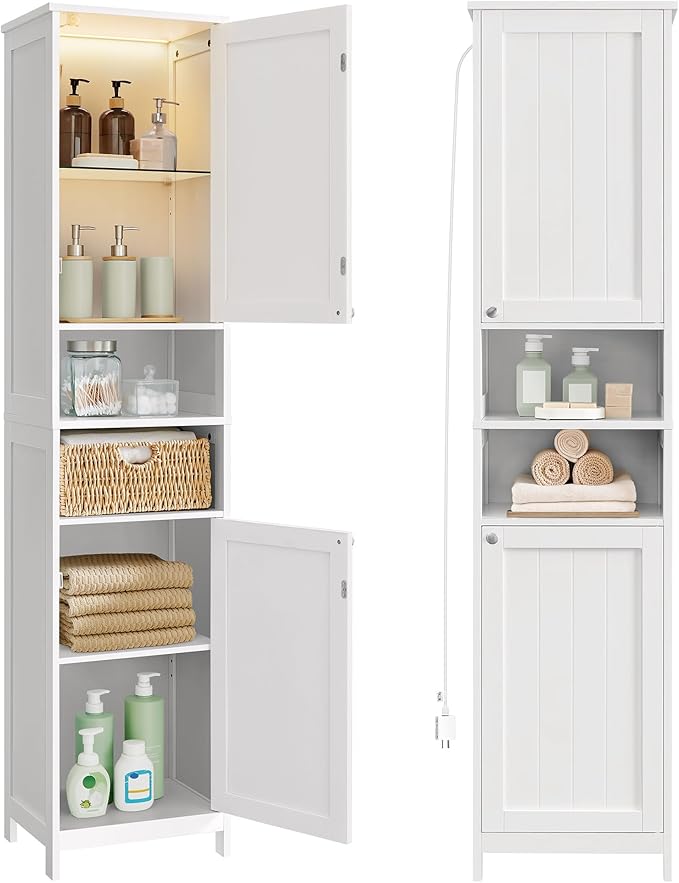 VASAGLE Tall Bathroom Cabinet with Lights, Slim Freestanding Bathroom Storage Cabinet with Adjustable Shelves, for Small Spaces, Modern, 15.7 Inches Wide, Cloud White UBBC766W02