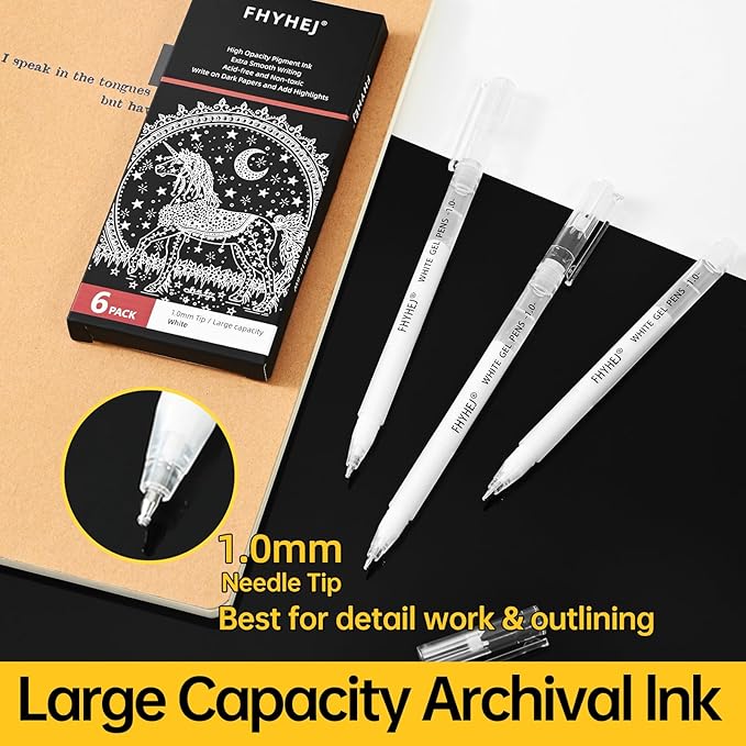 Fhyhej White Gel Pens,1mm, Fine Point Opaque White Archival Ink Pen for Black Paper Drawing, Sketching, Illustration, Bullet Journaling, Pack of 6