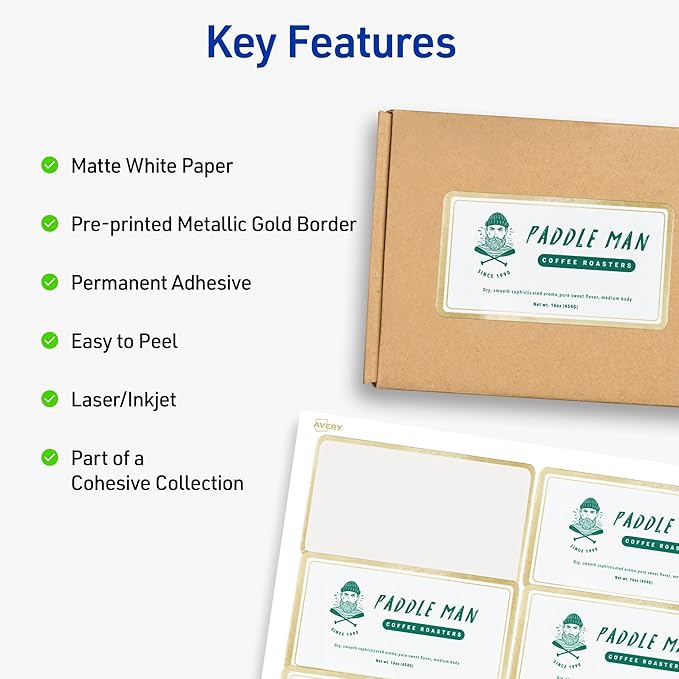 Avery Printable Rectangle Labels, 2" x 4" Blank Labels, Shipping, Matte White, Metallic Gold Border, Permanent Adhesive, Laser/Inkjet Printable, 100 Total (6506)