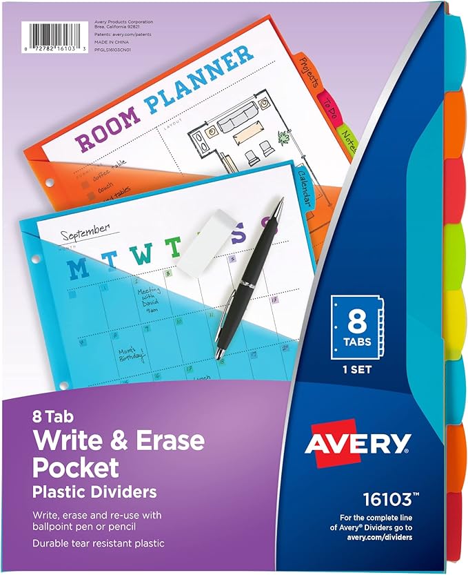 Avery Durable Plastic 8 Tab Write & Erase Dividers with Pockets for 3 Ring Binders, Multi Brights, Works with Sheet Protectors (16103)