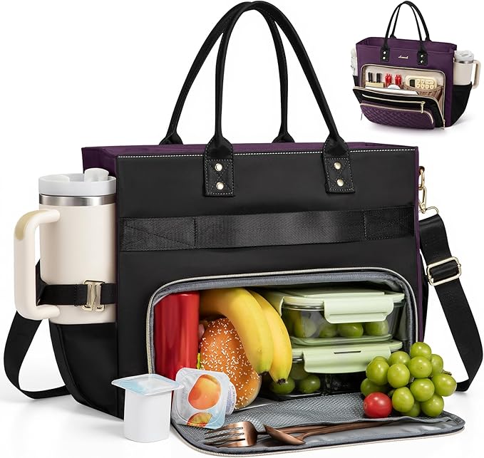 LOVEVOOK Insulated Lunch Tote Bag for Women, Large Capacity Work Bag with Laptop Compartment & Cup Holder, Water Resistant Nurse Tote for Office, Leakproof Crossbody Handbag, 15.6 Inch Black-Purple
