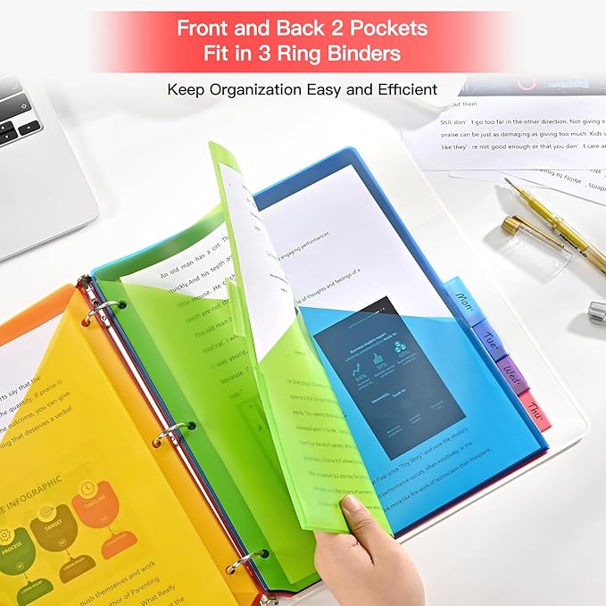 SUIN 8-Tab Insertable Binder Dividers with Double Pockets - Translucent Plastic Page Separators for 3 Ring Binder, Front & Back Storage, Durable Poly, Letter Size, Rainbow Colors, 2-Pack