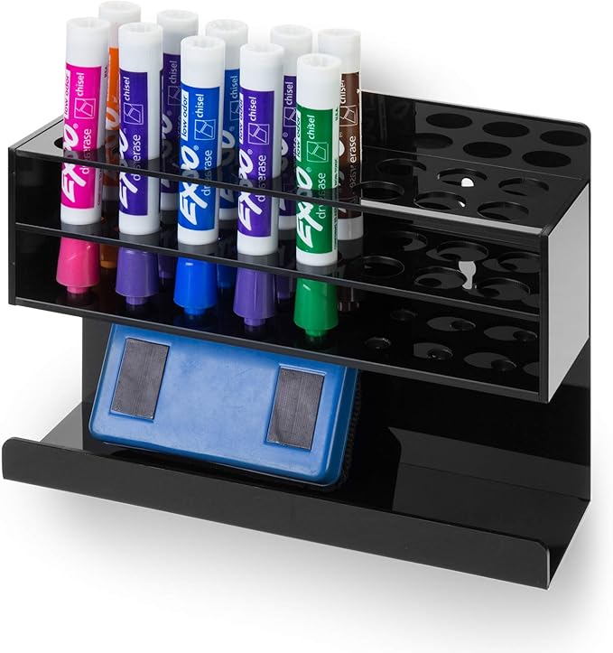 MyGift Wall Mounted Premium Black Acrylic Dry Erase Marker Holder with 16 Slots for Marker Pens and Eraser Storage Tray Whiteboard Accessories Rack for Home Office School Dorm