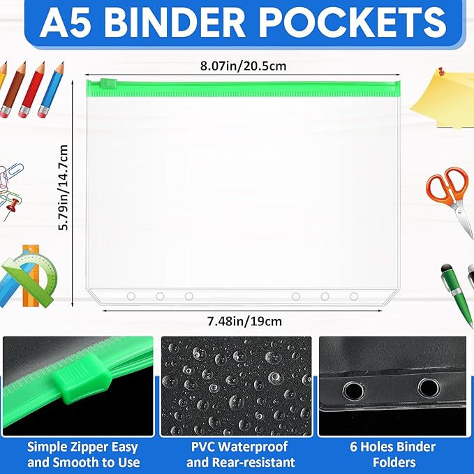 40 Pieces Binder Pockets 6 Hole Zipper Pouch 6 Ring A5 Pockets with Zipper Binder Folders Plastic Pouches Loose Leaf Bags Waterproof PVC Document Filing Bag