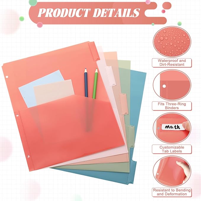 5 Sets 5 Tab Binder Dividers with Pockets for 3 Ring Plastic Binders 8.5 x 11 Inches 3 Hole Punched Page Divider Sturdy Colorful Dividers for Office School Business Home Organizer (Vintage Color)