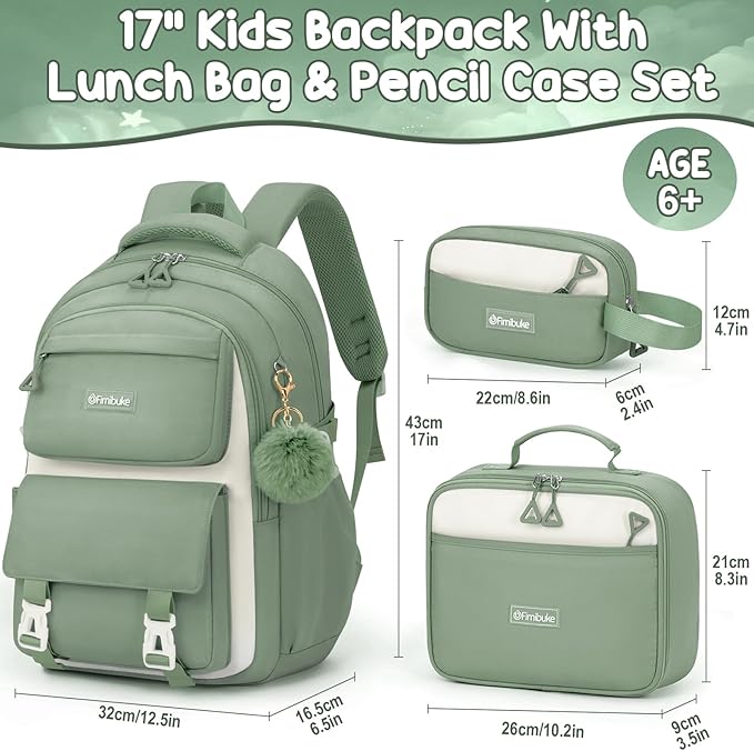 Fimibuke Backpacks for Girls, 3 PCS Waterproof School Backpack with Lunch Box & Pencil Pouch for Kids Teen Girl, Cute Bookbag School Bag for Elementary Middle High School Student Ages 6+(Green)