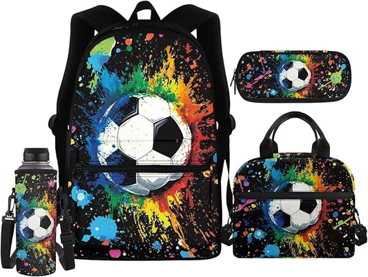 4pcs/set Football Backpack for Girls 6-8 10-12 Big for 4Th Grade Kids School Bag Set Teen Boys Schoolbag Elementary Preschool Bookbag with Lunch Bags Pencil Case Water Bottle Sleeve