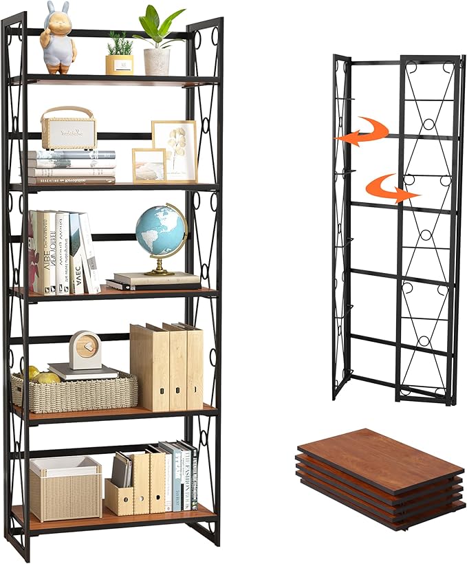 VECELO Folding Bookshelf 5-Tier,Industrial Metal Frame & Wood Shelves,Foldable Bookcase No Assembly Free Standing Storage Organizer for Living Room,Office,Bedroom