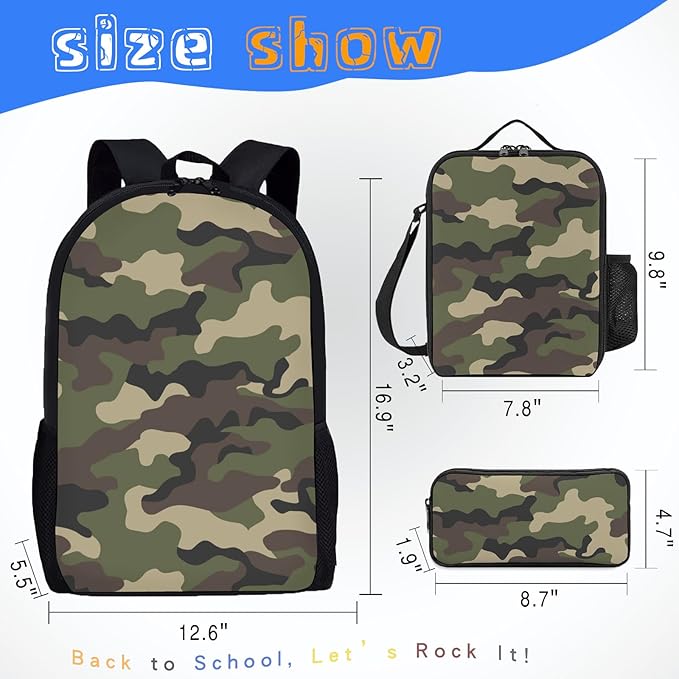 3PCS Camo Backpack Set for Boys, Lightweight Large Backpack with Lunch Box & Pencil Case, Camouflage Bookbag for Kids, Back to School Backpacks for Elementary & Middle School