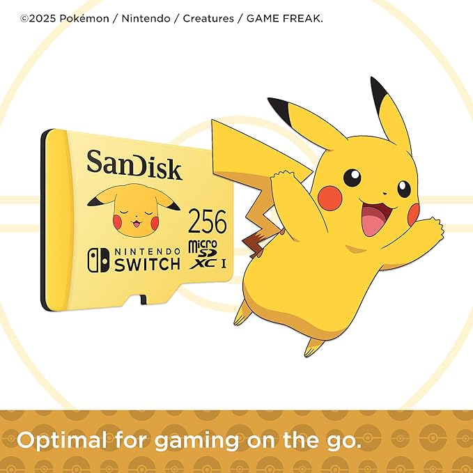 SanDisk 256GB microSDXC Card Licensed for Nintendo Switch, Pokémon Edition, Pikachu, Made for Nintendo-Switch, OLED, and Lite - SDSQXAO-256G-GN6Z