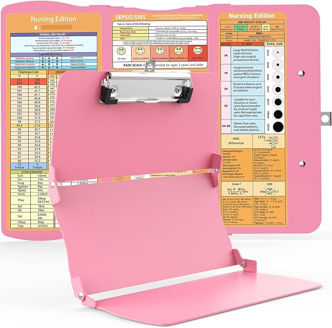 Clipboards Nursing Clipboard Trifold Foldable, 3 Layers Aluminum Nurse Clipboards with Nursing Edition Cheat Sheets Folding Pocket Size for Students, Nurses and Doctors (Pink)