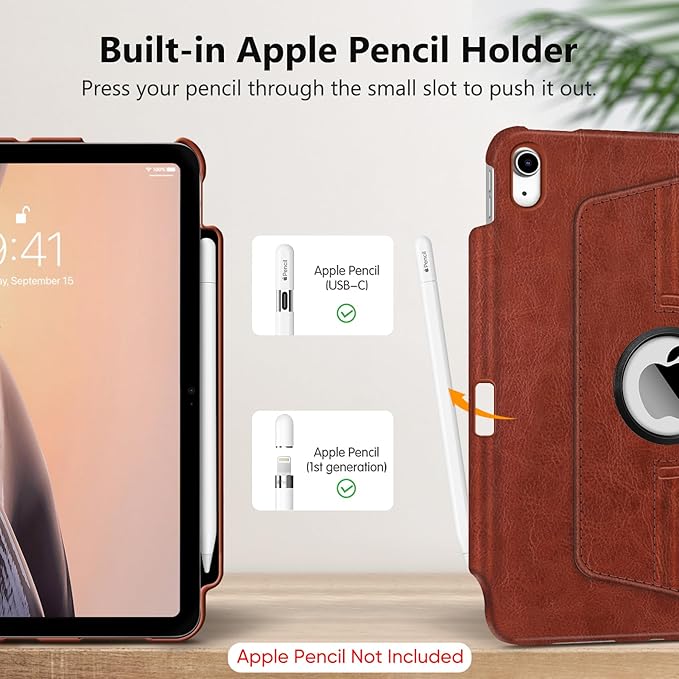 Fintie Rotating Case for iPad (A16) 11th Generation 11 Inch (2025), iPad 10th Generation 10.9 Inch (2022) - [Built-in Pencil Holder] 360 Degree Rotating Protective Stand Cover, Brown