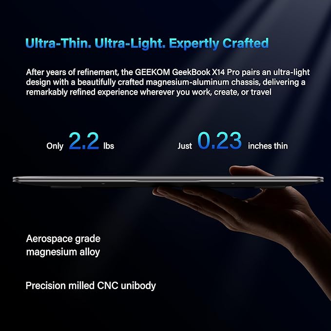 GEEKOM GeekBook X14 Pro Laptop, 2.2lbs Ultra Thin 14" 2.8K OLED Laptop Computer, Ultra 9 185H, 32GB LPDDR5x 7500MHz RAM 2TB SSD, Up to 16 Hour, 2X USB4, Fingerprint, Hub, Copilot, Windows 11 Pro
