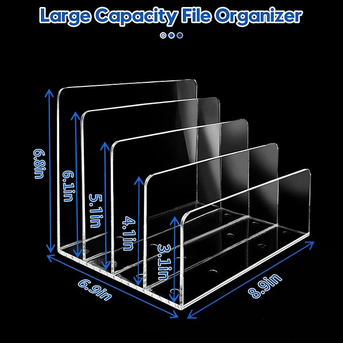 2PCS Clear Acrylic File Organizer for Desk, 4 Section Acrylic Desk Organizer and Accessories, Acrylic File Folder Holder Sorter, Office Supplies for Mail Letter Paper Electronic