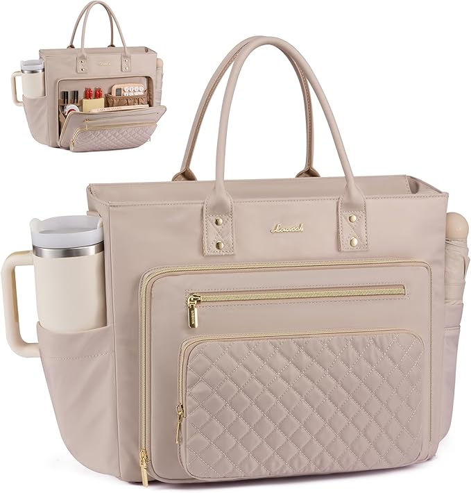 LOVEVOOK Teacher Tote Bag for Women Work, Laptop Bag With Large Cup Holder, Nurse Bags Professional Briefcase Business Computer Purses Handbag,Light Pink,17.3 Inch