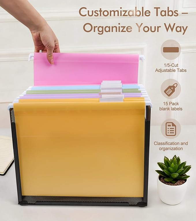 Plastic Hanging File Folders Letter Size, Colored Hanging File Folders with Tabs, Durable Waterproof Plastic Hanging Folders for Filing Cabinets, Office, School & Home Organization (15, Pastel)