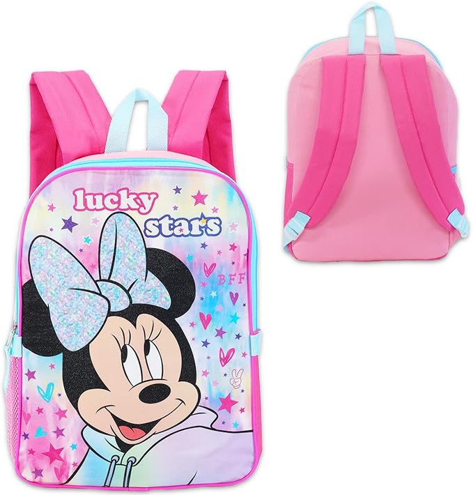Disney Minnie Mouse Backpack with Lunch Box - 5 Pc Bundle of 16" Minnie School Bag, Lunch Box, Stickers, More (Minnie Mouse School Supplies)
