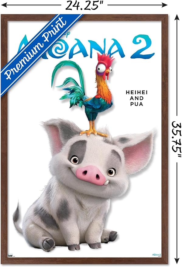 Disney Moana 2 - Heihei and Pua Feature Series Wall Poster, 34L" x 22.4W", Mahogany Framed Version