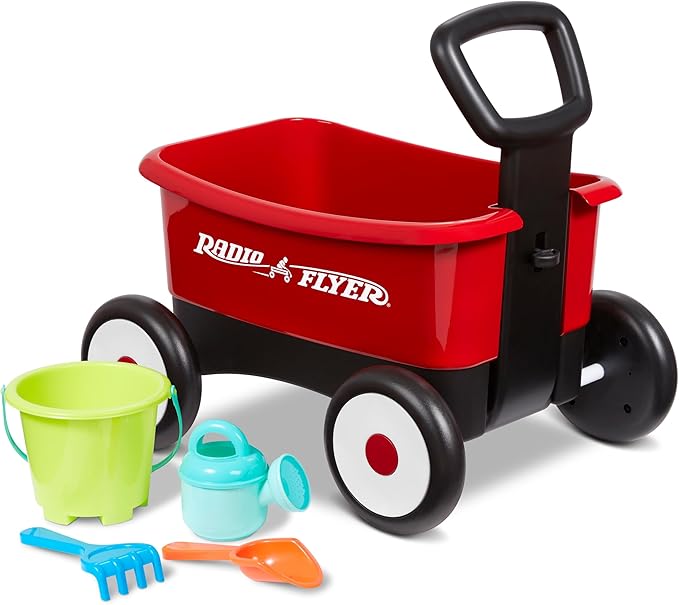 Radio Flyer My 1st Wagon 2-in-1 Walker & Pull Wagon with Beach and Garden Tools for Toddlers Ages 1-4, Red Amazon Exclusive