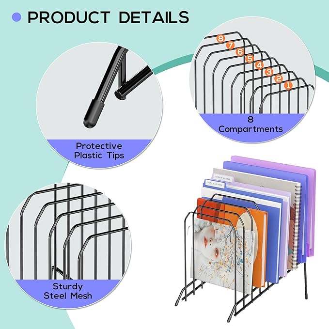 Incline Metal Desk Magazine Folder Holder, Sorter Desk File Organizer with 8-Section Vertical Compartments Rack File Organizer for Office, Home, School