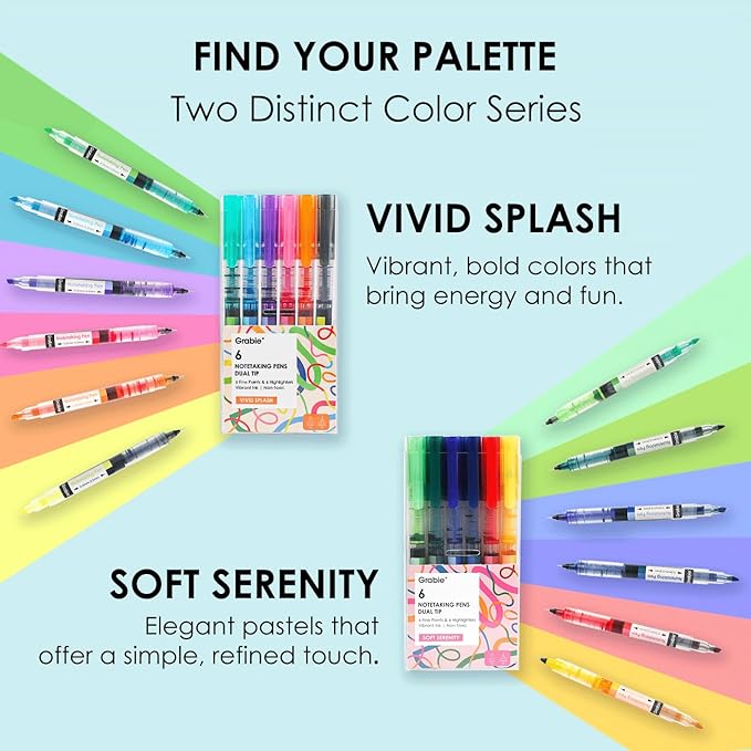 Grabie Dual Tip Notetaking Pens (3.5mm Chisel + 0.5mm Needle) Dual Tip Highlighter Markers for Journaling Colored Pens for Note Taking and Adult Coloring Books (Soft Serenity)