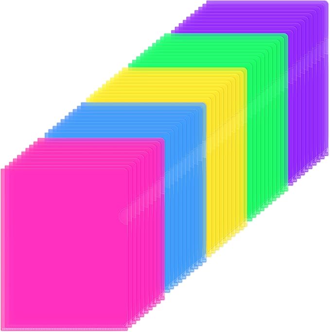 Sooez 50 Pack Clear Document Folder Project Pockets, Clear Plastic Folders Letter Size Plastic Document Folders Paper Poly Jacket Sleeves Folders Copy, 5 Assorted Colors