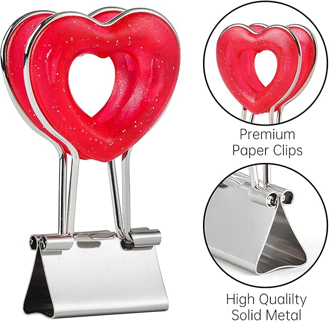 Clear Heart Shape Medium Paper Clips, Binder Clips, Easy Grip, Assorted Color, School Office Supplies, 10 Pcs/Set