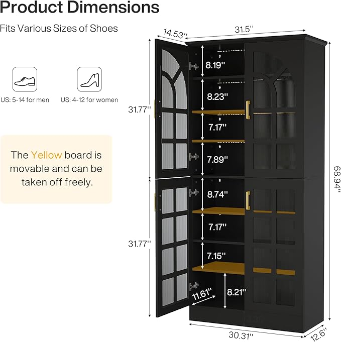 Tribesigns 69" Tall Shoe Cabinet with Doors and Led Light, 8-Tier Wooden Shoe Rack Organizer with Adjustable Shelves, Narrow Shoe Storage Cabinet for Entryway, Hallway, Living Room, Black (Set of 2)