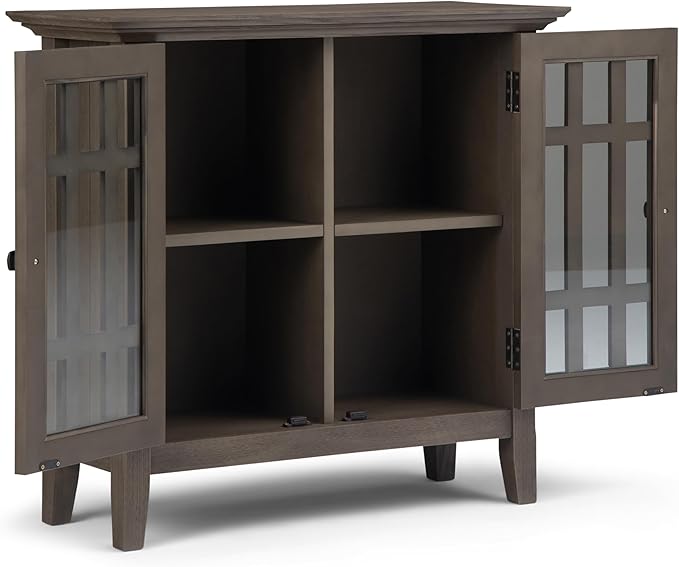 SIMPLIHOME Bedford Storage Cabinet - 32 inch Wide Solid Wood Low Media Cabinet in Farmhouse Grey, Transitional Console for Living Room, Entryway, or Dining Room with Glass Doors and Adjustable Shelves