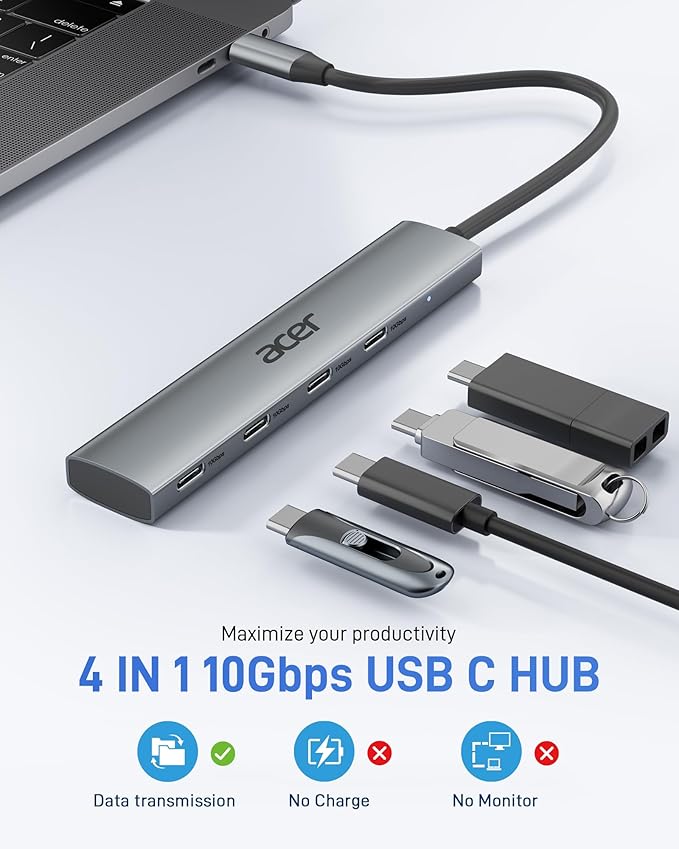 Acer USB C Hub, 10Gbps Type C Splitter with 4 USBC 3.2 Port, High Speed Type C Multiport Adapter for iPad MacBook Pro, iPhone 16/15, Surface Pro and More【Not Support Monitor or Charging】