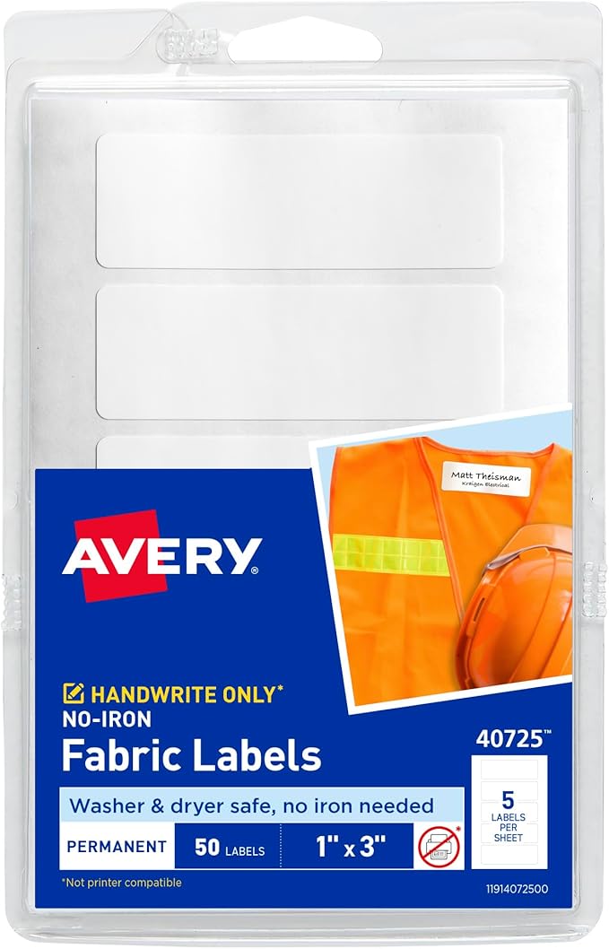 Avery No-Iron Fabric Labels, 1" x 3", Washer and Dryer-Safe Waterproof Labels, Non-Printable, 50 Total (40725)