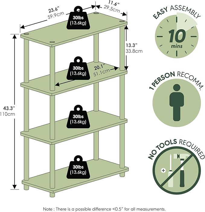 Furinno Turn-N-Tube Storage Shelves, 4-Tier Toolless Book Shelf, Corner Shelf, Toolless Open Shelves, for Organization and Storage, Living Room, Garage, Home Office, White