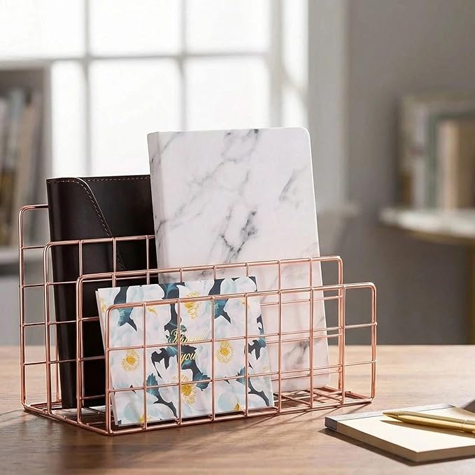 Simmer Stone Gold Letter Sorter Organizer for Desk, Premium Plated Metal Mail Holder with 3 Upright Slots, Ultra-Stable & Non-Wobbling Desktop Organizer for Envelopes, Documents, Palettes 9.5“ x 4.7 ”