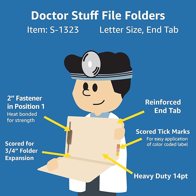 Medical File Folders with Fastener, Doctor Stuff, Letter Size, Reinforced End Tab Folders with 2” Bonded Fastener on Inside Back, 14 pt Manila Stock, Carton of 250