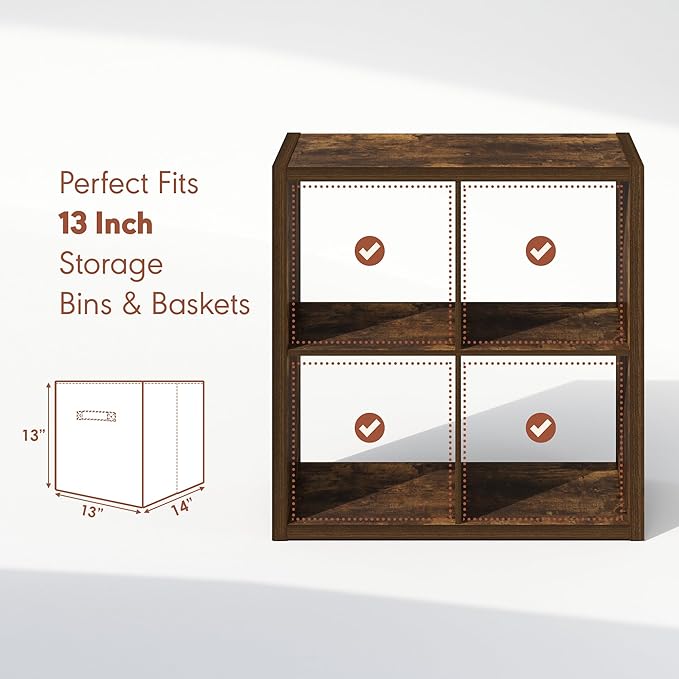 Furinno Cubicle Record Player Stand with Vinyl Storage, 4-Cube 1.2 Extra Thick Vinyl Record Storage, Open Back Media Shelf for CD DVD Blueray Game Disc, for Living Room, Home Office, Amber Pine