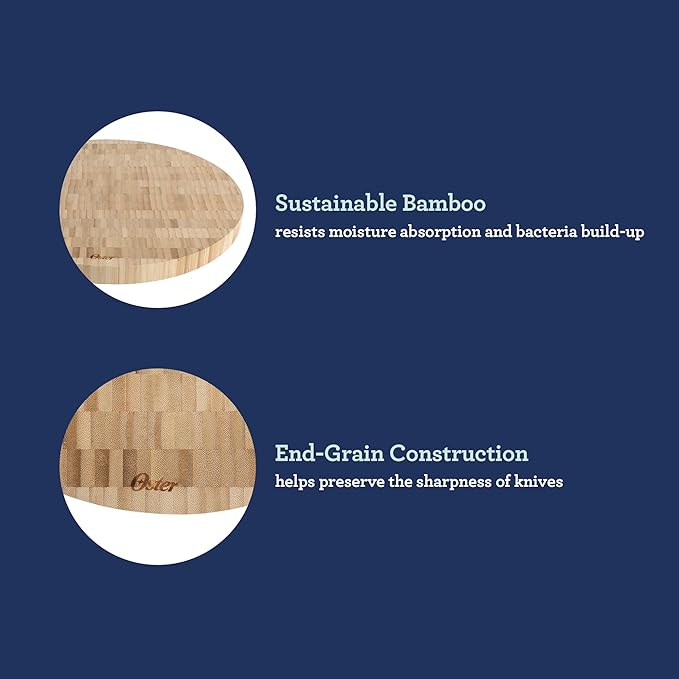 Oster Capeheart Round End Grain Bamboo Cutting Board Set – 14" Wooden Durable Kitchen Chopping Carving Boards with Juice Grooves, Oil Finished