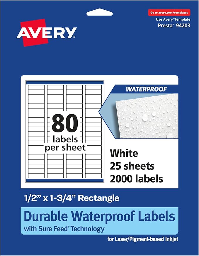 Avery Printable Durable White Rectangle Labels, Sure Feed Technology, 0.5" x 1.75", Waterproof Labels, Laser & Pigment-Based Inkjet Compatible, 2000 Total