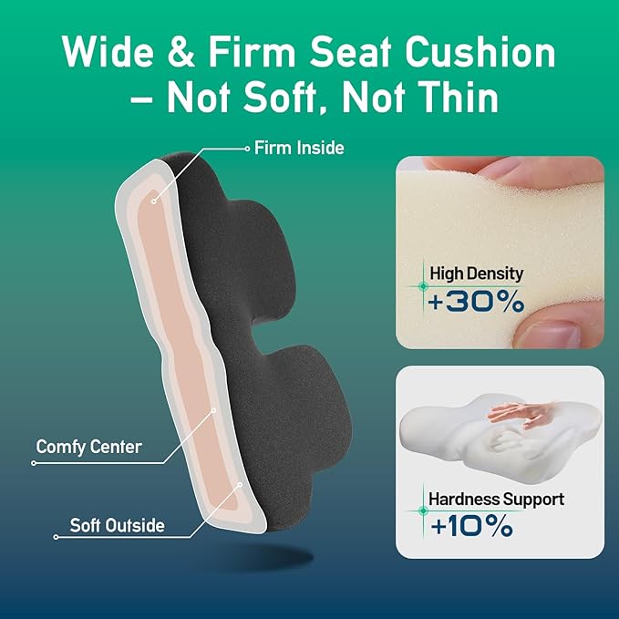 Firm Support Seat Cushion for Long Sitting, Ergonomic Memory Foam with Coccyx Cut-Out, Stable Pressure Distribution for Office Chair, Gaming & Daily Home Seating, Non-Slip Bottom, Washable Cover