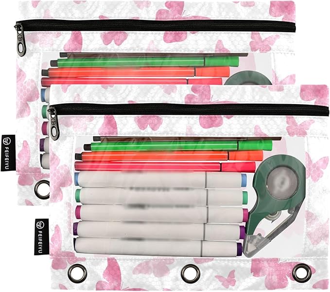 Butterfly Pencil Pouch Flip Folder 3 Rings,Binder Zipper Pouch with Clear PVC Window for Family,Office 2 Pack