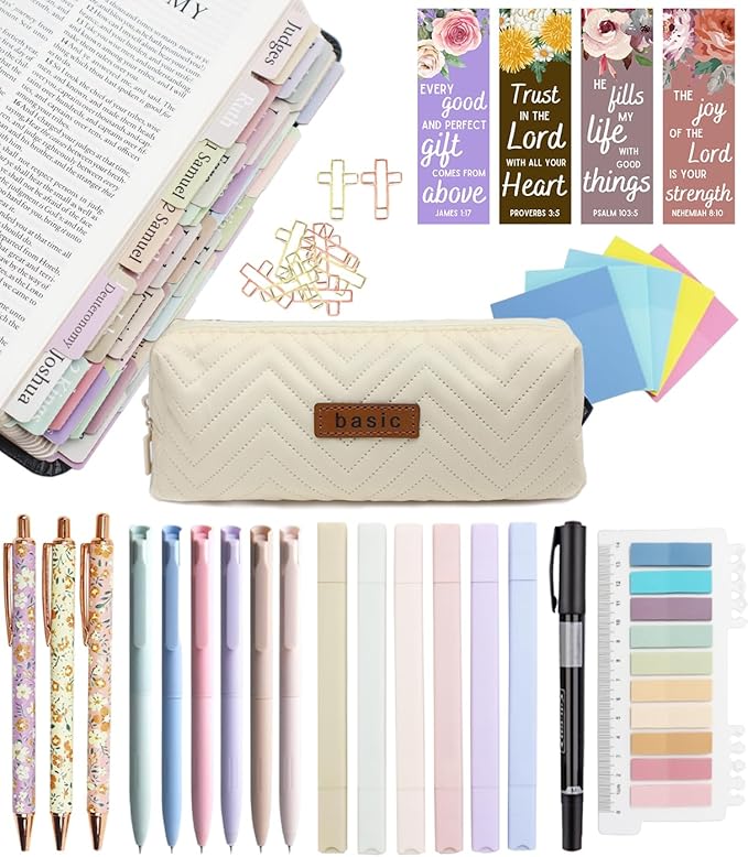 PartyGalore Bible Study Supplies Journaling Kit with Tabs and Highlighter, Pen Case, Bookmark, Bible Annotation kit, Bible Study Group Essentials Accessories for Women Students Christian Gifts
