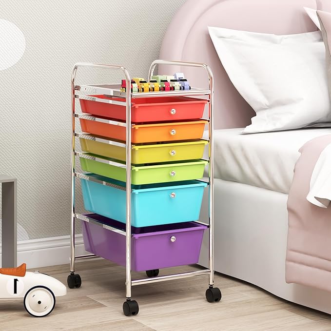 COSTWAY 6-Drawer Rolling Storage Cart, Multifunctional Art Craft Tools Organizer on Wheels, Heavy Duty Utility Mobile Storage Trolley w/ 2 Lockable Wheels for Home Office School (Multi-color)